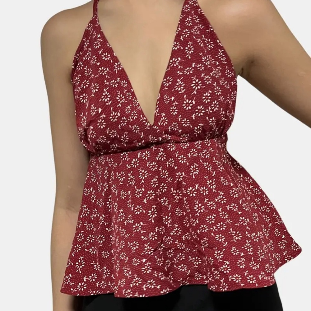 New Red Floral Print halter top - Size XL